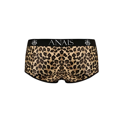Leopard print briefs with black waistband featuring anaiis brand name and lion head logos mercury brief by anaiis men