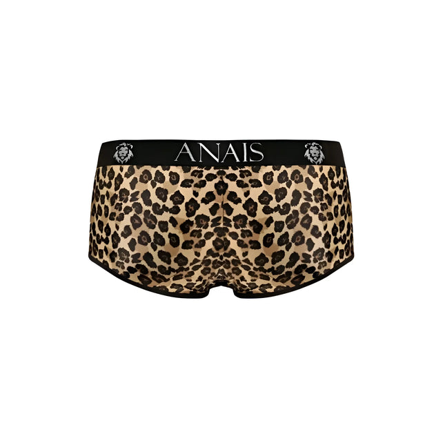 Leopard print briefs with black waistband featuring anaiis brand name and lion head logos mercury brief by anaiis men