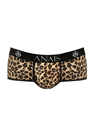 Leopard bedruckte brief mit schwarzem bund und anaiis markenname sowie löwenkopf logos aus der anais men mercury brief kollektion