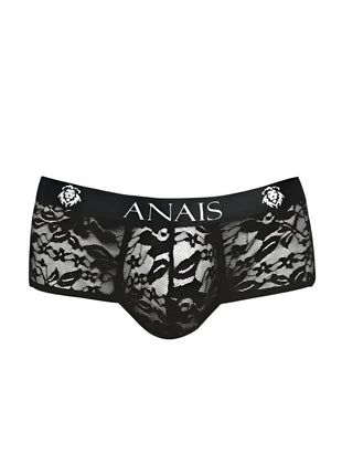 Schwarze spitze herrenunterwäsche mit floralen mustern und zentralem anaiis-logo zwischen löwenköpfen am bund