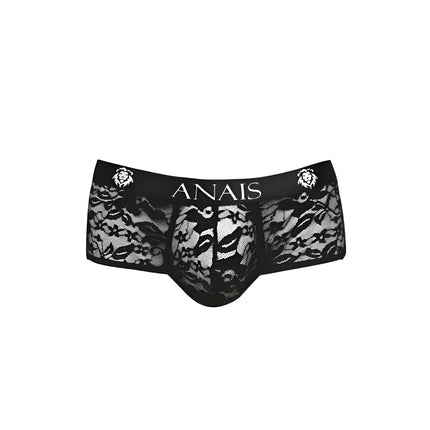 Schwarze spitze herrenunterwäsche mit floralen mustern und zentralem anaiis-logo zwischen löwenköpfen am bund