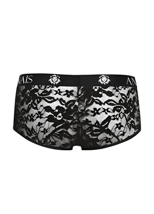 Schwarze spitzenunterwäsche mit floralem muster und anis markenbund mit löwenkopflogos aus der anaïs men romance brief kollektion
