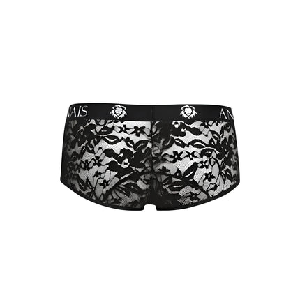 Schwarze spitzenunterwäsche mit floralem muster und anis markenbund mit löwenkopflogos aus der anaïs men romance brief kollektion
