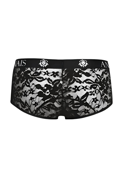 Schwarze spitzenunterwäsche mit floralem muster und anis markenbund mit löwenkopflogos aus der anaïs men romance brief kollektion