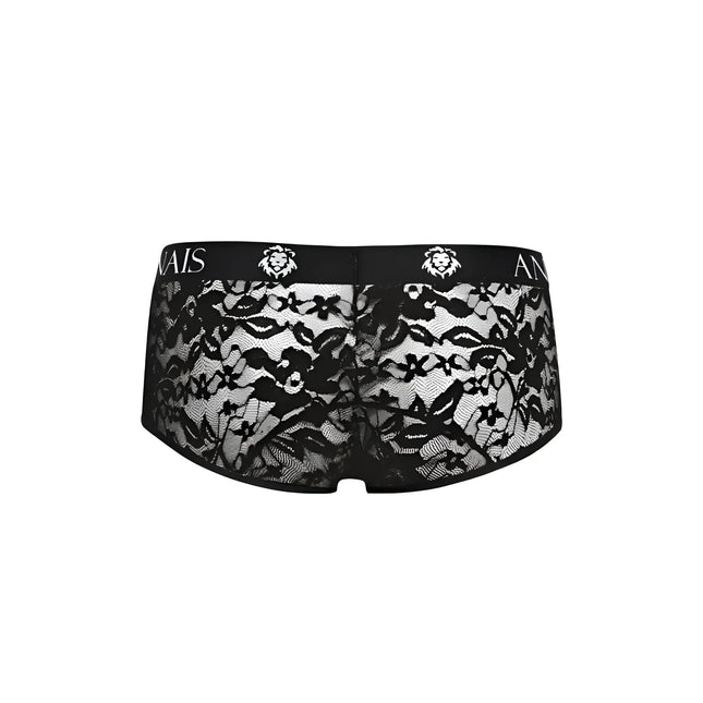 Schwarze spitzenunterwäsche mit floralem muster und anis markenbund mit löwenkopflogos aus der anaïs men romance brief kollektion