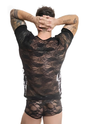 Schwarzes spitzenmesh-set mit kurzärmligem top und passenden shorts von anais men romance t-shirt