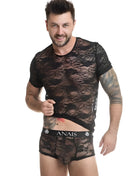 Schwarzes spitzen mesh kurzarmshirt mit filigranen floralen mustern von anais men romance t-shirt