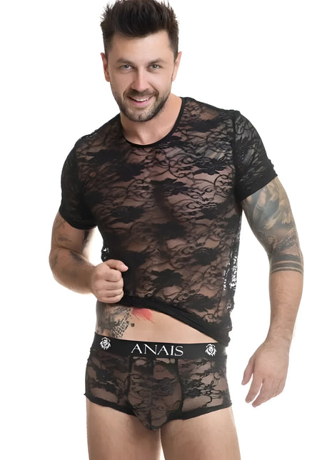 Schwarzes spitzen mesh kurzarmshirt mit filigranen floralen mustern von anais men romance t-shirt