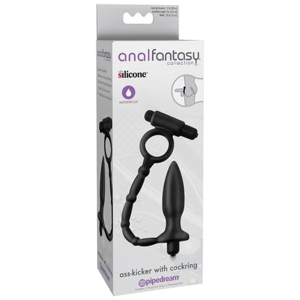 Schwarzer silikon mini analstimulator mit cockring und gebogenem griff aus der anal fantasy kollektion von pipedream