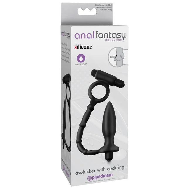 Schwarzer silikon mini analstimulator mit cockring und gebogenem griff aus der anal fantasy kollektion von pipedream