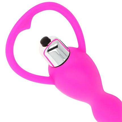 Analstimulator mit fuchsia vibration pinker silikon analplug mit herzförmigem griff und chrom bedientaste