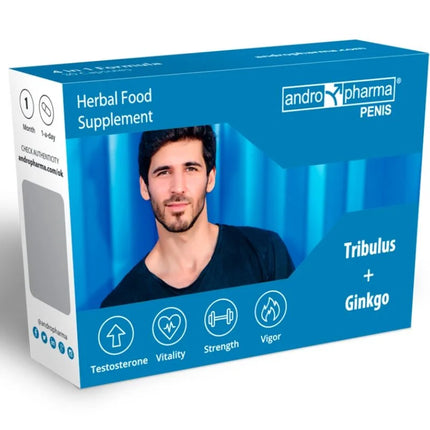Blau-weiße kartonverpackung von andropharma penis pflanzliches nahrungsergänzungsmittel mit tribulus terrestris und ginkgo biloba