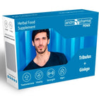 Blau-weiße kartonverpackung von andropharma penis pflanzliches nahrungsergänzungsmittel mit tribulus terrestris und ginkgo biloba