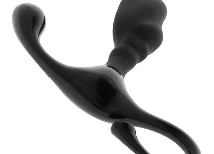 Schwarzer silikon anfänger prostata-vibrator mit gebogenem griff und strukturierter oberfläche sicht von hinten