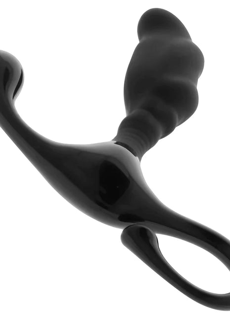 Schwarzer silikon anfänger prostata-vibrator mit gebogenem griff und strukturierter oberfläche sicht von hinten