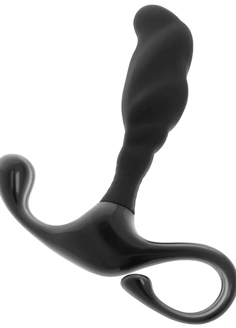 Schwarzer silikon analplug mit ergonomischem bogen und grifflasche für anfänger prostata vibrator
