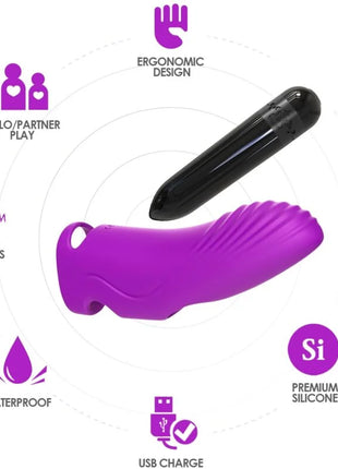Fuchsia silicone vibrato finger harmony aurora vibrator with black capped tip for personal use