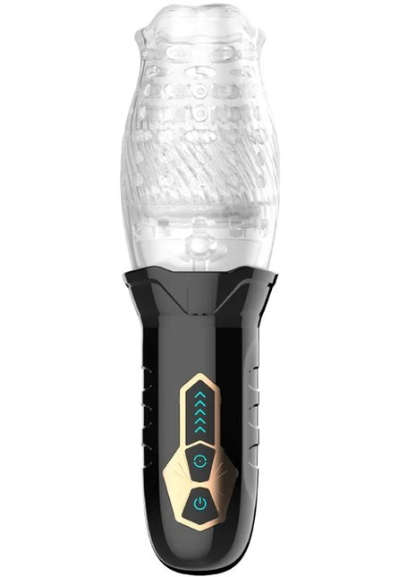 Klarer strukturierter silikonkopf auf schwarzem griff mit goldakzenten und blau leuchtenden tasten am armony belucci oral vibrator weiß