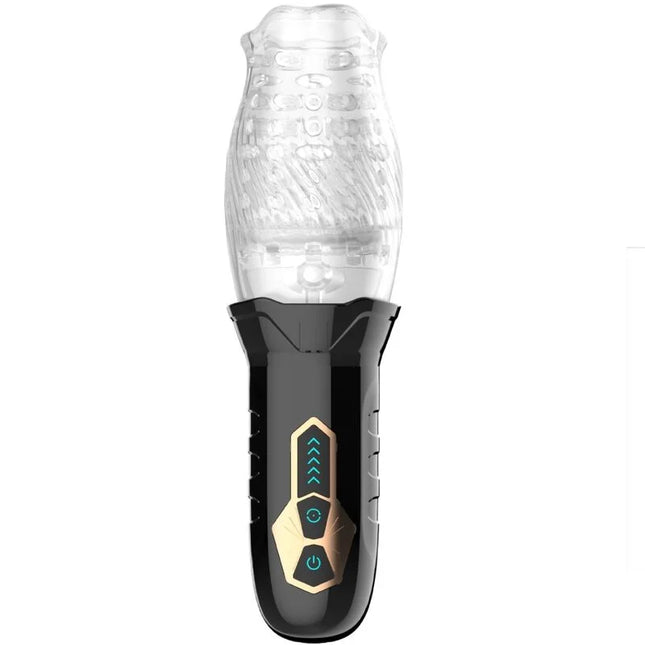 Klarer strukturierter silikonkopf auf schwarzem griff mit goldakzenten und blau leuchtenden tasten am armony belucci oral vibrator weiß