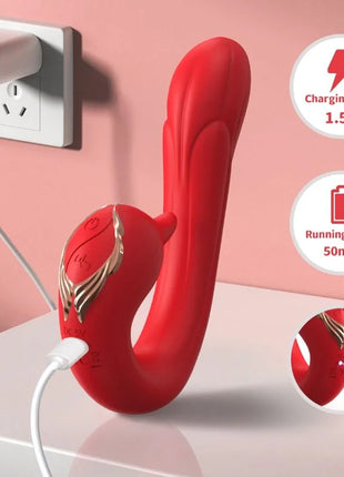 Armony delfin vibrator rot aus silikon mit goldenen flügelverzierungen und usb-c ladeanschluss auf der rückseite