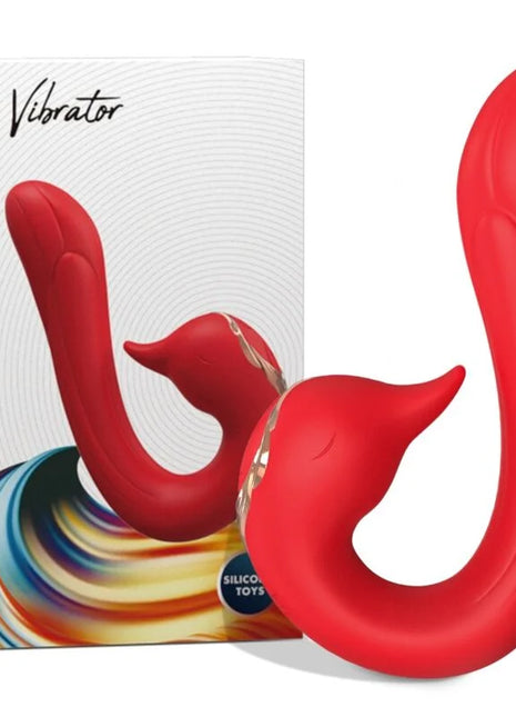Roter armoNY delfin vibRator aus silikon mit doppelkopf, geschwungener form und goldakzenten, wärmewirkung