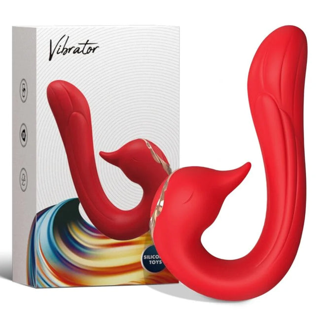 Roter armoNY delfin vibRator aus silikon mit doppelkopf, geschwungener form und goldakzenten, wärmewirkung