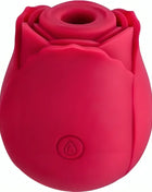 Vibrant roter silikon vibrator in rosenform mit glänzender oberfläche und geprägt tropfensymbol am fuß armoeny delight blume roter sauger