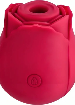 Vibrant roter silikon vibrator in rosenform mit glänzender oberfläche und geprägt tropfensymbol am fuß armoeny delight blume roter sauger
