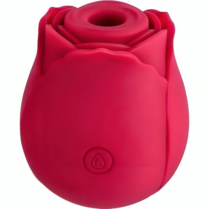 Vibrant roter silikon vibrator in rosenform mit glänzender oberfläche und geprägt tropfensymbol am fuß armoeny delight blume roter sauger