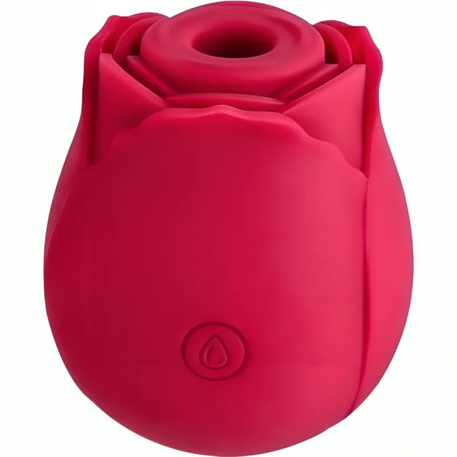 Vibrant roter silikon vibrator in rosenform mit glänzender oberfläche und geprägt tropfensymbol am fuß armoeny delight blume roter sauger