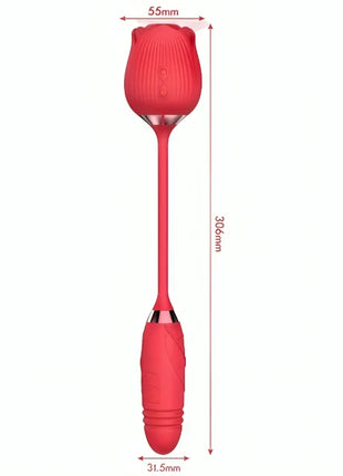 Roter silikonvibrator in rosenform mit metallakzent am griff aus dem armony delight blumensaugen und stieben set