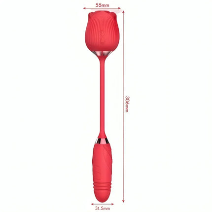 Roter silikonvibrator in rosenform mit metallakzent am griff aus dem armony delight blumensaugen und stieben set