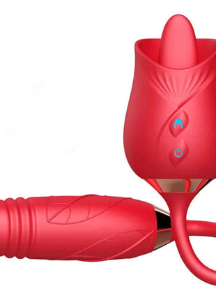 Rot vibrator shaped like a red rose with a sleek glossy finish and subtle leaf patterns from ARMONY delight Blumenvibrator und Stossung mit roter Zunge