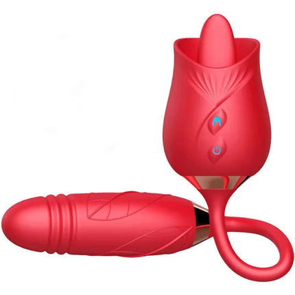 Rot vibrator shaped like a red rose with a sleek glossy finish and subtle leaf patterns from ARMONY delight Blumenvibrator und Stossung mit roter Zunge