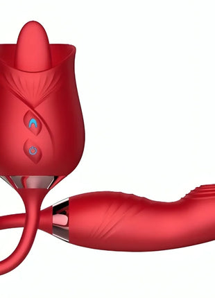 ArmonY delight flower vibrator in roter Rosenform mit glänzendem Finish und silbernen Akzenten am Stahlgriff