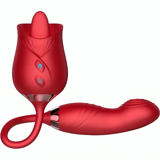 ArmonY delight flower vibrator in roter Rosenform mit glänzendem Finish und silbernen Akzenten am Stahlgriff