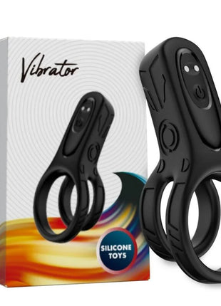Schwarzer arcony doppelringvibrator aus silikon mit texturiertem griff und bedientasten sichtbar von vorne