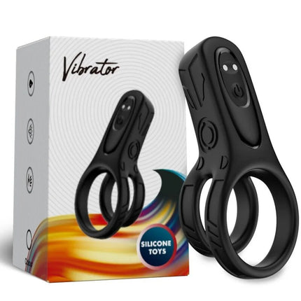 Schwarzer arcony doppelringvibrator aus silikon mit texturiertem griff und bedientasten sichtbar von vorne