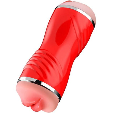 Roter silikonmasturbator arMony mit doppelt vagina und mund und metallischen silbernen bändern an den enden
