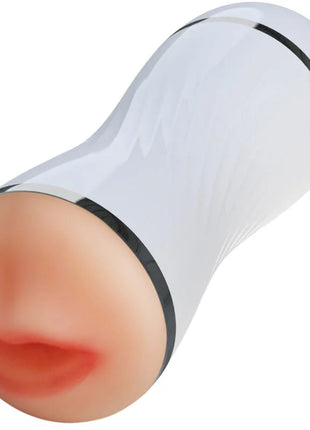 Weißer silikon-dildo armony mit schwarzen metallbändern und realistischen hautfarbenen lippen als doppelter vagina- und mund-masturbator