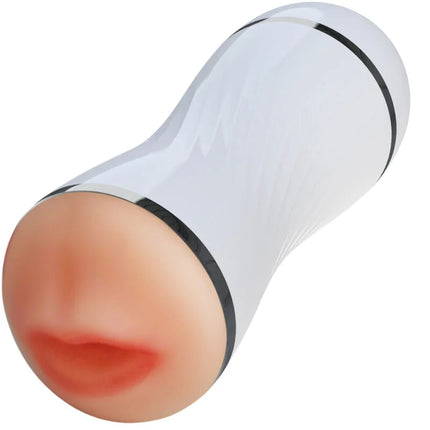 Weißer silikon-dildo armony mit schwarzen metallbändern und realistischen hautfarbenen lippen als doppelter vagina- und mund-masturbator