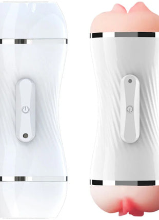 Weißer silikon- und plastikvibrator armo ny mit doppelter vagina- und mundöffnung und seitlichem power- button