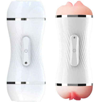 Weißer silikon- und plastikvibrator armo ny mit doppelter vagina- und mundöffnung und seitlichem power- button