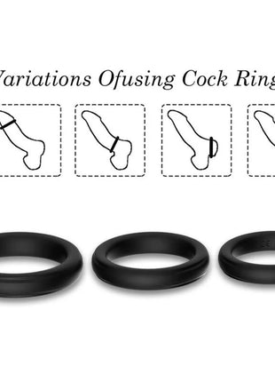 Drei schwarze silikon-cockringe von armony mit unterschiedlichen stärken und designs für vielseitigen einsatz