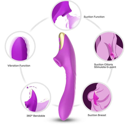 Lila silikonvibrator mit goldfarbener spitze und mehreren saugfunktionen für clitorisstimulation