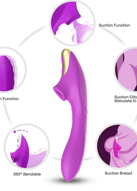 Lila silikonvibrator mit goldfarbener spitze und mehreren saugfunktionen für clitorisstimulation