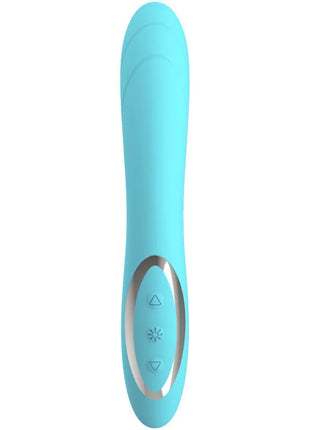 Ein leichter blauer silikongriff vibrator armoNy elizabeth blau mit silbernem bedienfeld und drei symbolen