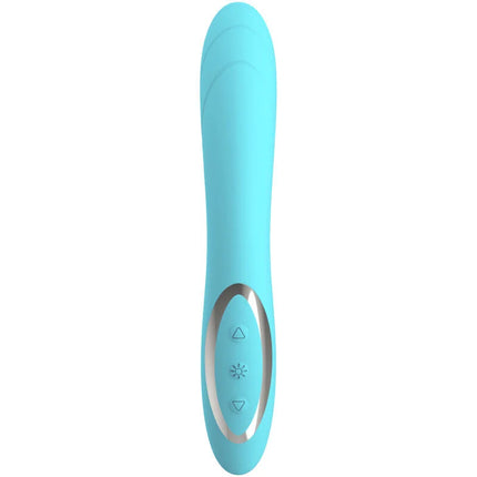 Ein leichter blauer silikongriff vibrator armoNy elizabeth blau mit silbernem bedienfeld und drei symbolen