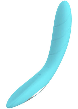 Ein schlanker, hellblauer, flexibler Silikon-Vibrator Armony Elizabeth Blauer mit geschwungener Form und feinen Rillen