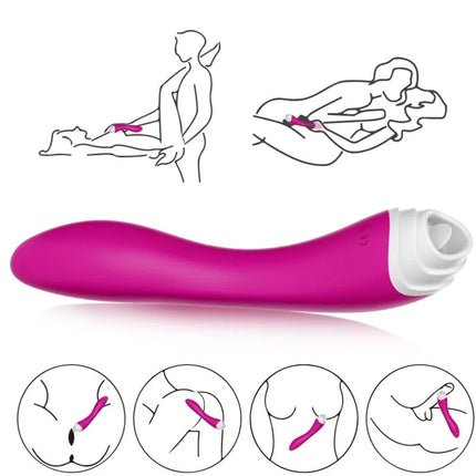 Ein schlanker, pinker silikonvibrator mit weißem ergonomischem griff und abgerundetem kopf aus der serie armony fairyland